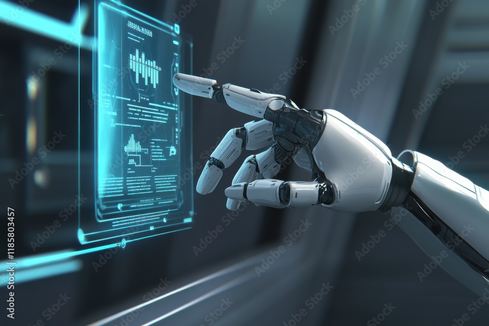 Poster robotic hand interacting with a holographic interface in a modern setting