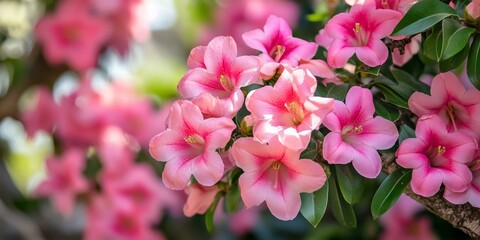 Beautiful pink bignonia flowers, also known as Adenium flowers, bloom on a tree, showcasing stunning pink azalea flowers in a garden setting. Fresh pink flowers create a vibrant background.