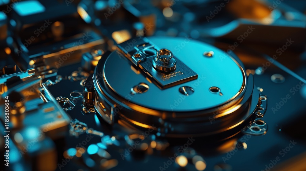 Poster close-up of a hard disk drive's internal mechanism: a detailed look into technological precision