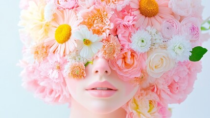 Naklejka premium Woman's face is covered in flowers. The flowers are pink and yellow. The woman's face is the main focus of the image