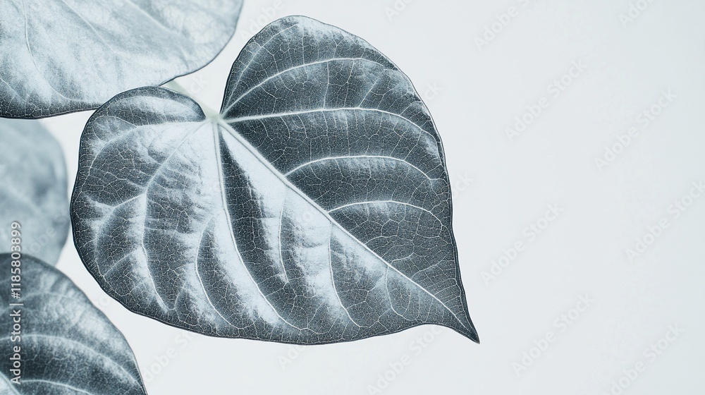Poster a close-up of a heart-shaped leaf with intricate vein patterns against a light background.