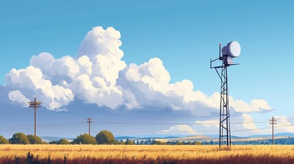 Summer Day in the Countryside: A Serene Landscape with Tower and Fluffy Clouds