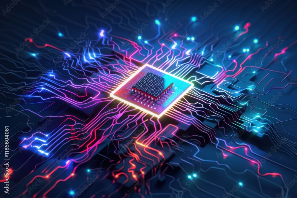 Poster vibrant abstract ai brain with glowing chip and neural pathways