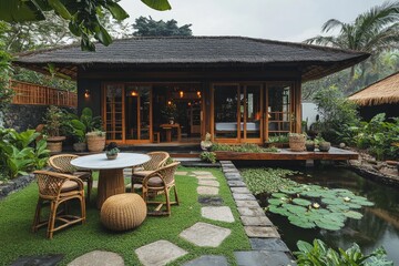 Luxurious eco-friendly bungalow overlooking scenic rice paddies in bali © kardaska