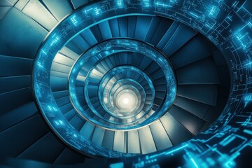 Fototapeta premium Spiral staircase featuring metallic steps and glowing circuits in modern design