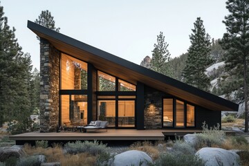 Modern wooden cabin embracing nature in the forest at dusk