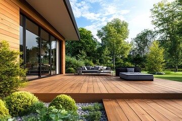 Obraz premium Big wooden terrace with garden furniture near modern house