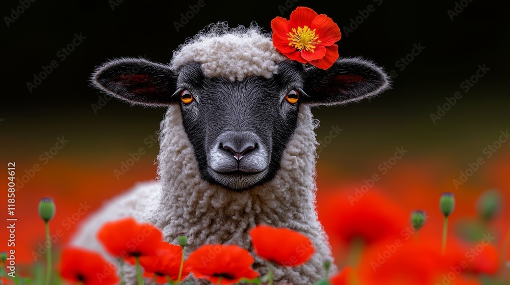 Poster sheep with a red flower on its head is standing in a field of red flowers. the sheep is the main foc