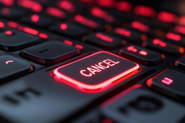 Cancel key glowing red on black keyboard closeup