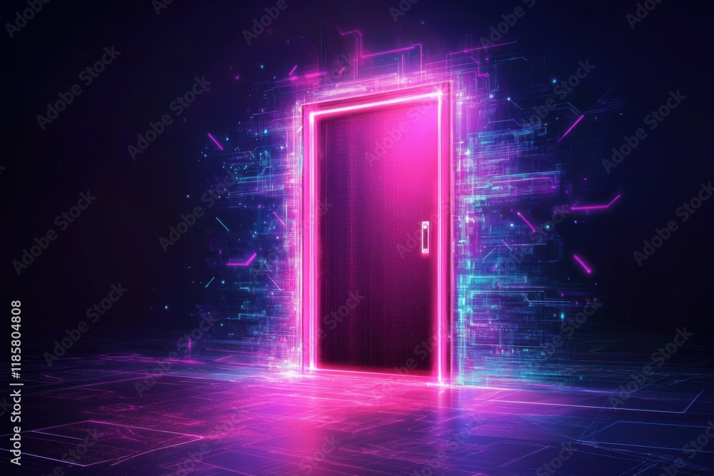 Poster floating neon door in dark void with glowing ai patterns surrounding it