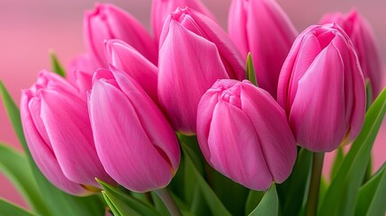 Obraz premium Bouquet of pink tulips with green leaves. The flowers are arranged in a vase and are the main focus of the image. The pink color of the flowers creates a sense of warmth and happiness