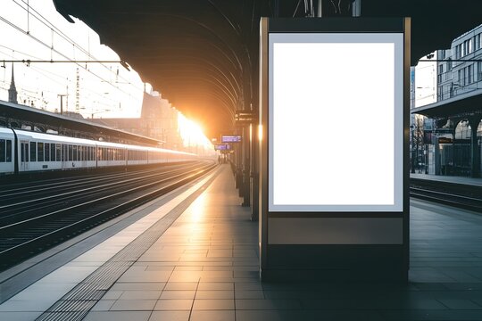 Blank billboard, train station sunrise, ad space, transport