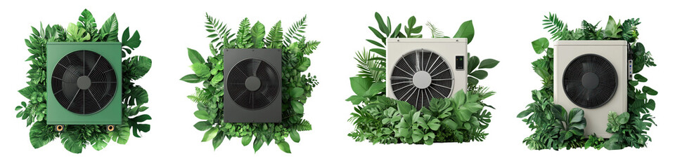 Eco friendly heat pumps surrounded by lush greenery, showcasing sustainable technology