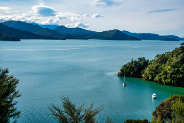 Scenery of the bays and coves in the Marlborough Sounds with some atmospheric cloud