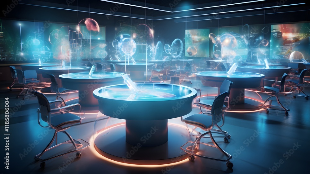 Poster innovative futuristic classroom setup featuring holographic desks and glasses creating an immersive 