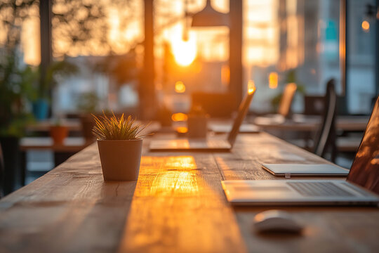 Close-up of wooden table with laptops and potted plant in sunlight. Interior of coworking office without people. Large windows and wooden tables in soft sunlight.