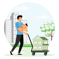 Father Carrying Baby While Moving Model House on Hand Truck Outdoors.