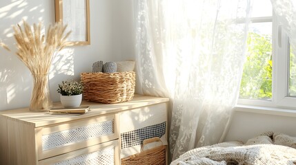 Sunlit Bedroom Decor With Wooden Chest And Dried Flowers
