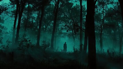 Obraz premium Mysterious figure lurks in a foggy forest at night creating an eerie atmosphere reminiscent of horror films