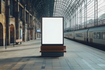 Blank billboard, train station platform, sunlight, advertising mockup