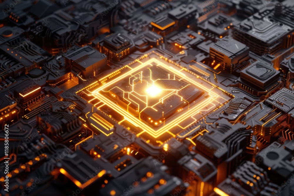 Poster glowing ai chip surrounded by intricate circuits in cyberpunk style