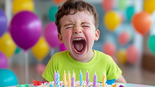 Young boy is blowing out candles on a birthday cake. He is making a loud noise and he is very excited