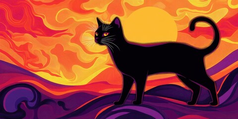 Black Cat Silhouette Against Vibrant Sunset Landscape