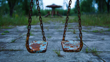 Abandoned Playground with Rusty Swings Creeks in Overgrown Grass and Empty Environment