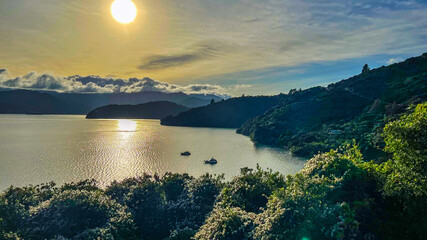Scenery of the bays and coves in the Marlborough Sounds with some atmospheric cloud