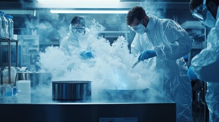 Fototapeta premium Researchers Utilizing Liquid Nitrogen in Experiment