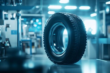 A futuristic tire design in a high-tech lab setting, suggesting innovation and advanced engineering