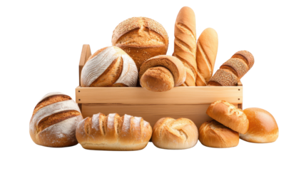 Freshly baked bread loaves in a rustic wooden crate, perfect display for bakeries and food enthusiasts