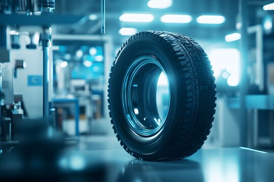 A futuristic tire design in a high-tech lab setting, suggesting innovation and advanced engineering