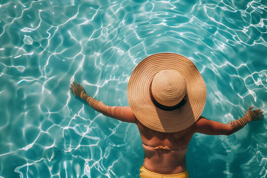 Top-down view of a woman swimming in blue waters of a summer hotel pool with large straw hat. Turquoise water with ripples, sun shining, summer vacation holiday resort concept.