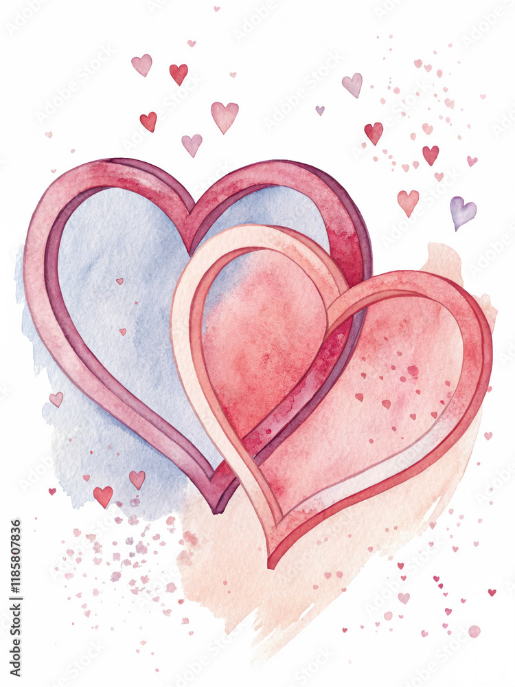 Poster two overlapping hearts in soft hues of pink and blue, adorned with smaller hearts, creating a romant