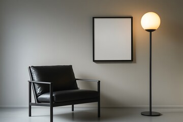 Modern chair, blank canvas, floor lamp, minimalist room, interior design mockup
