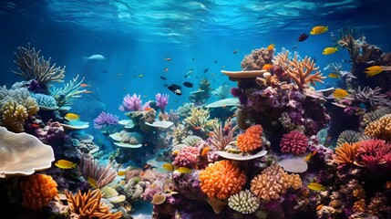 Mesmerizing close up view of a vibrant coral reef ecosystem thriving in the clear blue ocean waters showcasing the diverse marine life and natural beauty of the underwater world