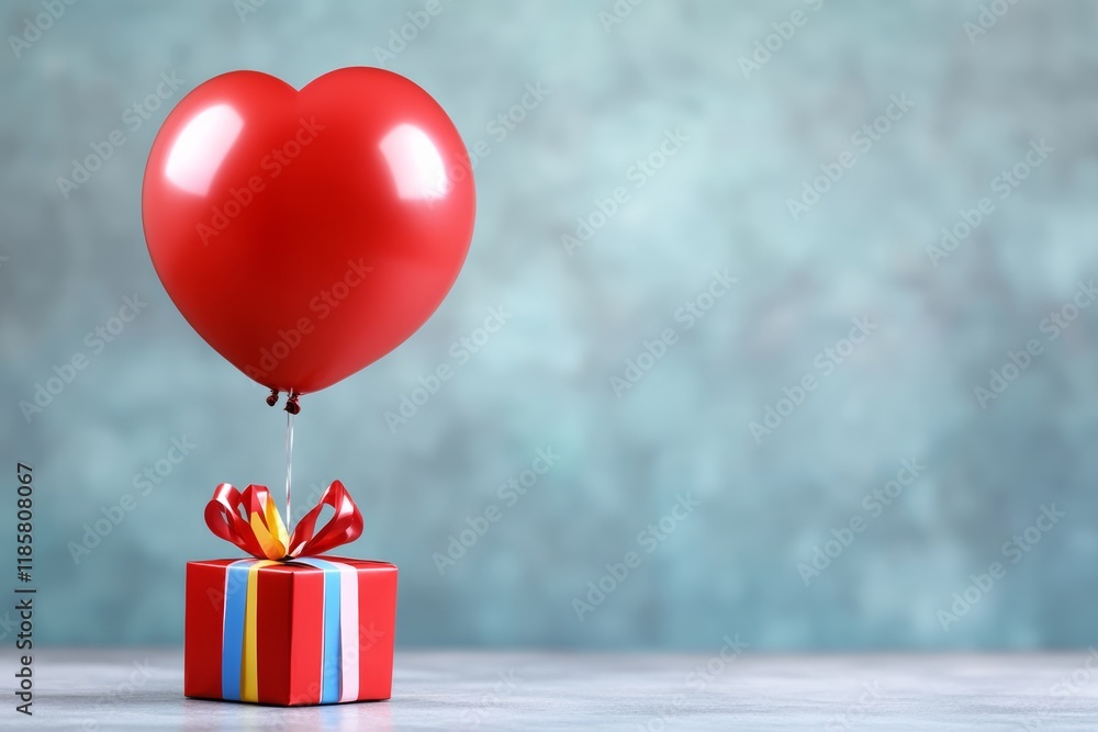Poster red heart balloon is floating above a red box. the balloon and box are both red, and the image conve