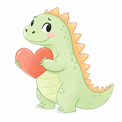Fototapeta premium A cute cartoon dinosaur holding a red heart, exuding charm and affection.