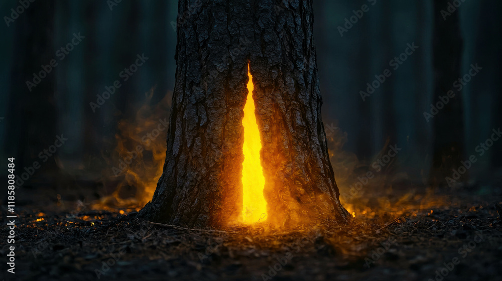 Poster ancient tree in dark forest with split trunk glowing with orange light