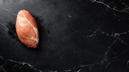Juicy pork loin with visible marbling on a clean black background, highlighted for text overlays.