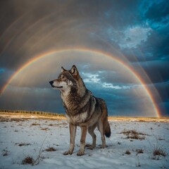 A wolf standing under a magical rainbow on a snowy plain.