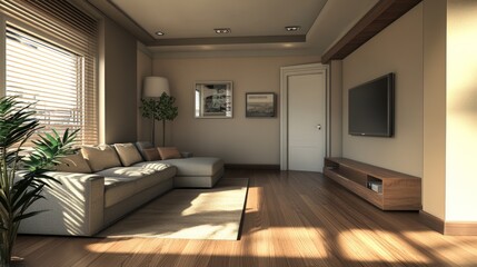 Fototapeta premium Living room. Interior of small apartment. Living room in evening. House with sofa and TV inside. Apartment without walls on blue. Living room interior with parquet flooring. 3d image