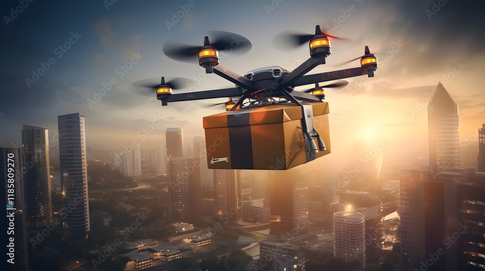 Poster a futuristic high tech drone soaring through the sky efficiently delivering a package to a bustling 