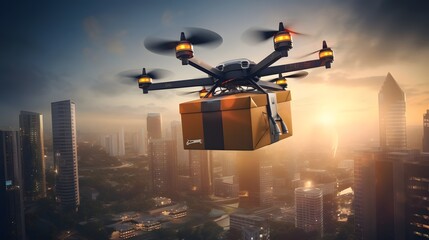 A futuristic high tech drone soaring through the sky efficiently delivering a package to a bustling modern urban cityscape with sleek architecture and skyscrapers