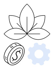 Minimalist leaf, cogwheel, and dollar coin design illustrating nature, innovation, and finance. Ideal for eco-business, sustainability, green technology, renewable energy corporate responsibility