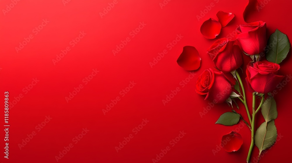 Poster red background with a bouquet of roses in the foreground. the roses are arranged in a way that they 