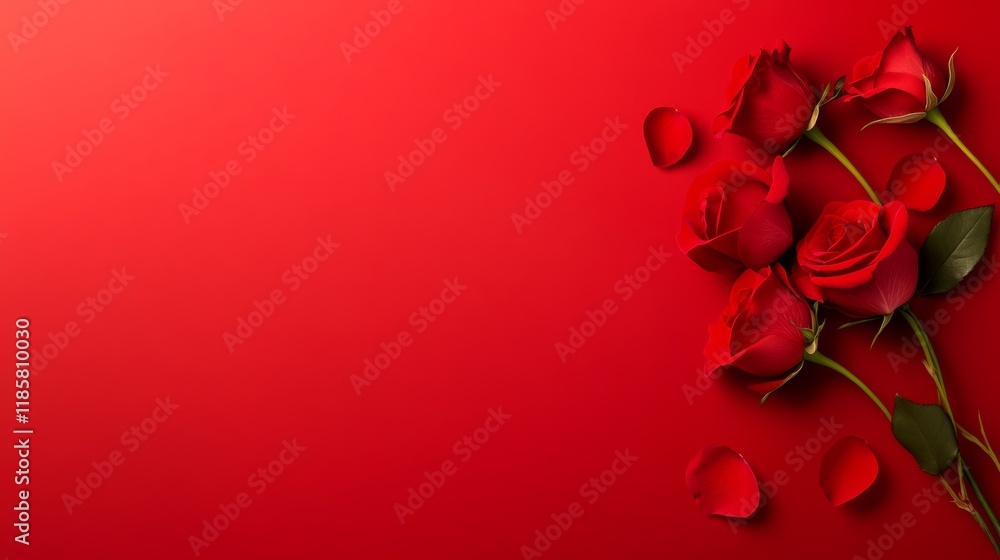 Poster red background with a bunch of red roses on it. the roses are scattered around the background, with 