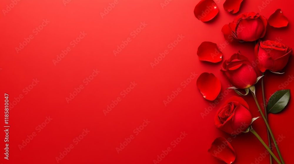 Poster red background with a bunch of red roses on it. the roses are in different positions and sizes, and 