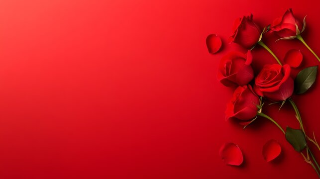 Red background with a bunch of red roses on it. The roses are scattered around the background, with some of them being in the foreground and others in the background. Scene is romantic and elegant